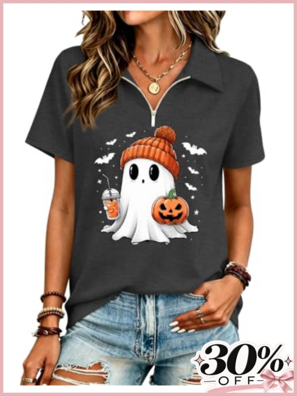 Women's Halloween Ghost T-Shirt Pumpkin Print Short Sleeve
